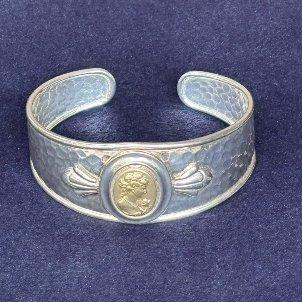 14k Gold and 925 Sterling Silver Hammered Cuff w/ Portrait Cameo